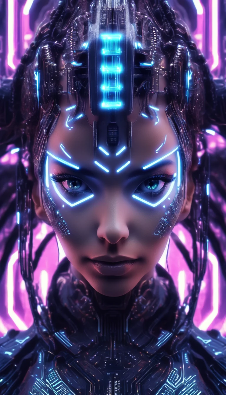 a woman with a futuristic headdress and a futuristic face, harmoniously integrated with computer chip and electrical wires, spaceship controls background, cyberpunk style