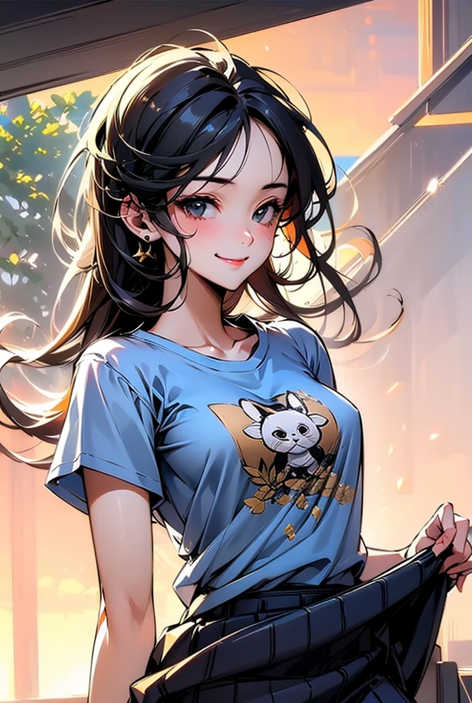 masterpiece, best quality, ultra-detailed, illustration, slim fit girl, at full height, blrown eyes, shy smile, perfect small breast, skirt, t-shirt,