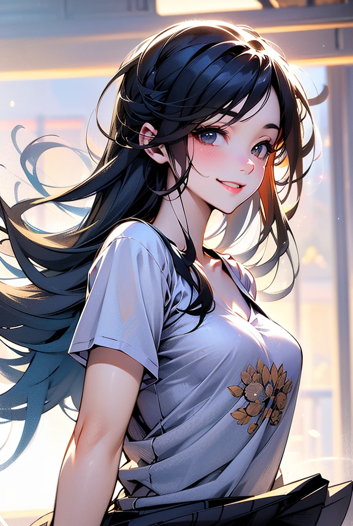 masterpiece, best quality, ultra-detailed, illustration, slim fit girl, at full height, blrown eyes, shy smile, perfect small breast, skirt, t-shirt,