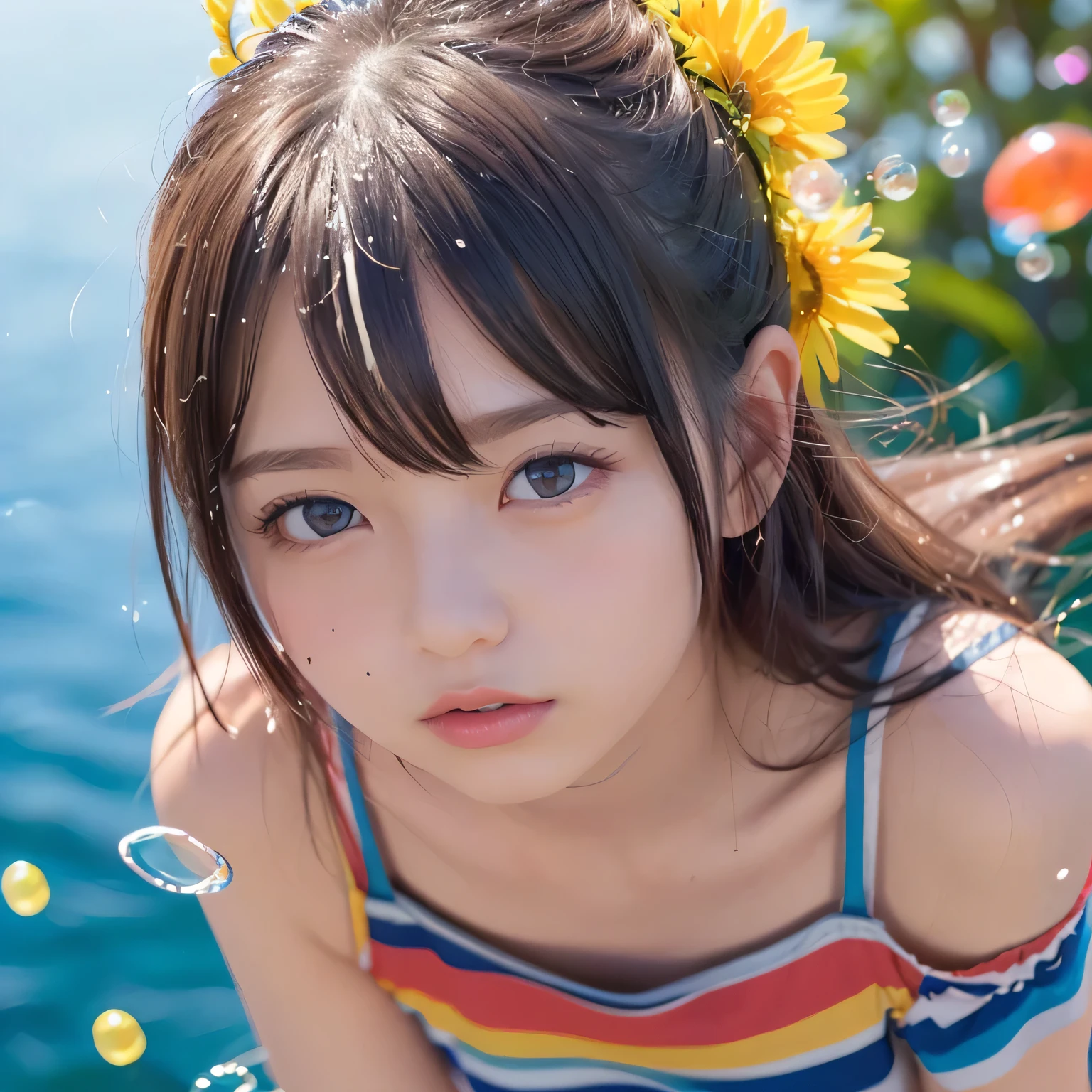 (((masterpiece))),((( top quality))),(( Ultra Detailed )),( illustrations),( dynamic angle ), ((floating)),(paint),(( tousled hair)), (Alone),( 1 girl), (( small_chest)), ((( detailed anima face ))),(( beautiful detailed face )), color,Bare shoulders, Gray Hair, (( colorful hair)),(( striped hair)), Beautiful Detailed Eyes ,( gradient colored eyes ),((( colorful eyes))), ((( colorful background))),((( high saturation))),(((Surrounded by colorful splashes))),(((surrounded by colorful dot))), Colorful Bubbles ,((Shine))