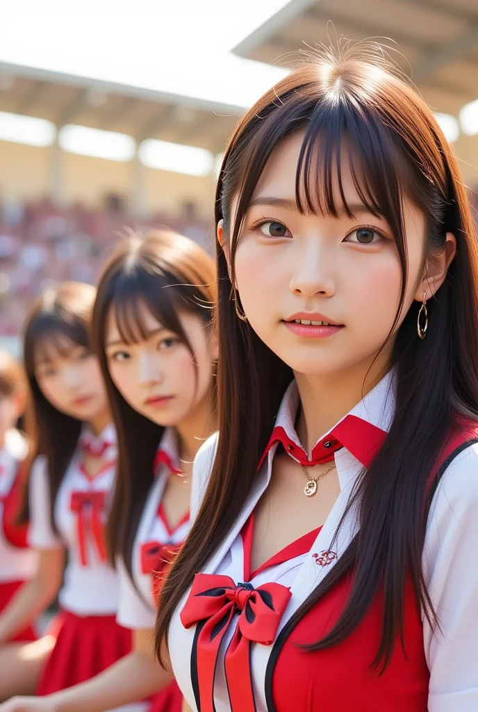 Group of Japanese idol in Cheerleader Costumes, at Koshien Stadium stands, golden hour sunlight streaming through. Five girls in synchronized formation, raising pom-poms high, genuine smiles and determined expressions. Behind them, passionate crowd cheering. Shot on Canon EOS R5, 24-70mm lens, crisp documentary style, f/4, capturing natural sweat gleam and authentic summer atmosphere.