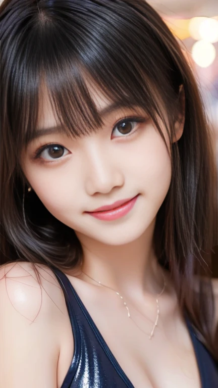 ( A very beautiful cute girl ), ( very cute face:1.2),, (Sparkling Crystal Clear Attractive Big Eyes ), Great looks,  Beautiful Detailed Eyes ,  double eyelids with attention to detail, (smile), ( realistic pictures:1.2),  long straight hair, Shiny Metallic Dark Blue High School Swimsuit