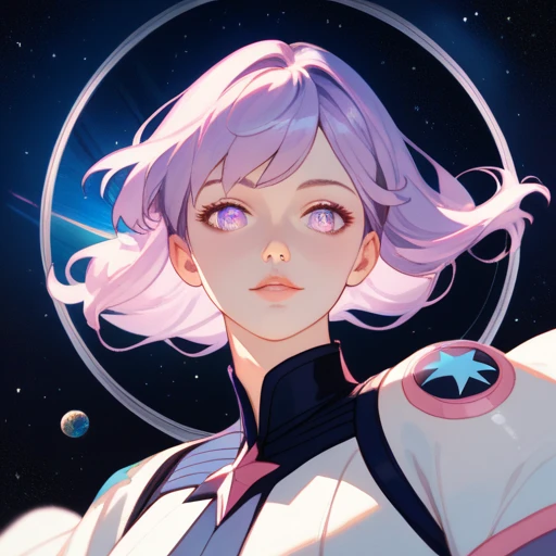 ((masterpiece, top quality)),( Negative Space :1.4),( 1 girl, Alone:1.4), Beautiful Detailed Eyes ,Floating pastel pink and lavender hair,  lavender eyes, At night,  starry sky , Shining Star