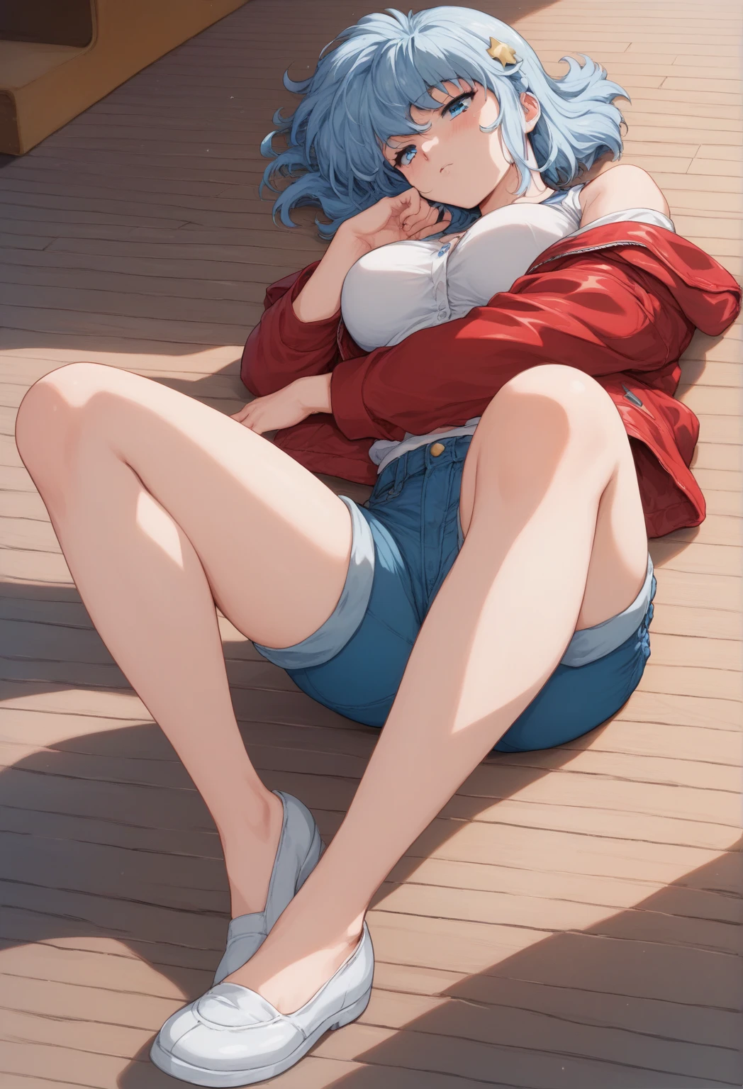  with short blue hair and red jacket and white shirt lying on the floor、Anime girl in short jeans ,  Joseph Joestar, full body close-up shot, full!! body! shot, スポーティなbody型!, Exhausted God , Her Breasts Neferpitot, blue , anime woman fullbody art