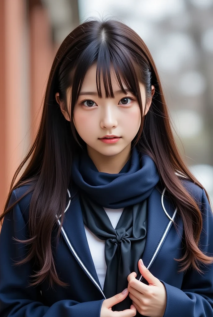 aestheticphotographyjp, RAW photo of high school girl in sailor uniform and scarf is standing in front of a school gate at night
Her black pleated skirt reveals her tights-clad legs.
Her skirt is swaying in the wind.
A beautiful snowy night. Lots of snow around, large snowflakes
Snow on the girl's hair and shoulders.
The girl is looking straight at viewer
Her hands are clasped in front of her chest
Her hair is swaying in the wind.
from below



detailed beautiful eyes, lovingly , detailed beautiful face

ultra detailed,best quality,ultra high resolution, moody lighting ,warm color
