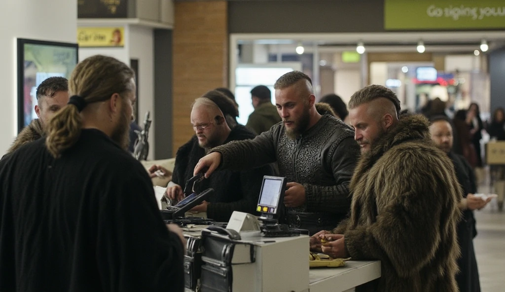 ((masterpiece)) ((photography)) ((Highest quality)) A group of Viking, wearing his traditional gear with fur and leather, standing at a self-checkout in a modern mall, perplexed by the process. They are trying to scan his items but keeps pressing the wrong buttons, growing increasingly frustrated. His rugged demeanor contrasts with the sleek, modern technology, as he stares at the machine with a mix of confusion and determination, clearly not understanding the automated process.