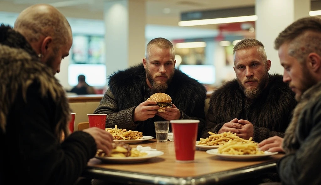 ((masterpiece)) ((photography)) ((Highest quality)) A group of Vikings sitting at a fast-food restaurant, bewildered by the modern cuisine. One Viking holds a hamburger in his hand, examining it as if it’s a foreign artifact, while another looks at the fries with suspicion. They stare at their food as if unsure how to eat it, with expressions of confusion and curiosity. Their fur-lined cloaks and battle gear create a humorous juxtaposition with the fast-food environment.