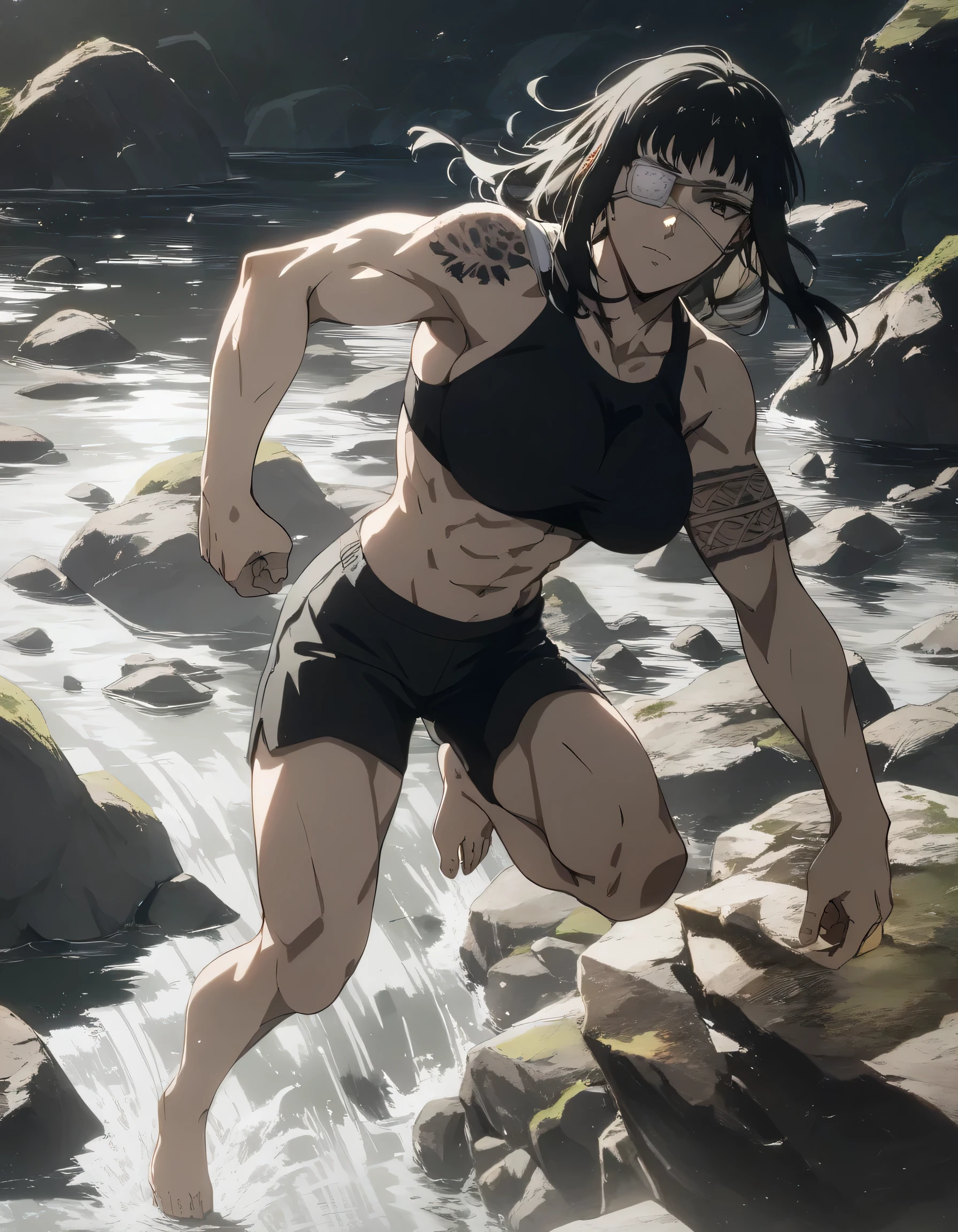 score_9, score_8_up, score_7_up,score_6_up,high resolution,source_anime,s0fiavalm3t,1girl,eyepatch,black hair,long hair,,water,rocks,volumetric lighting,rim lighting,dof,dramatic shadow,full body,dynamic pose,looking at viewer,pov,suspended in air, tattoos on shoulder,wearing sport bra,black sport shorts,Barefoot,training hard,,sporting attraction,too white skin color,push-ups 