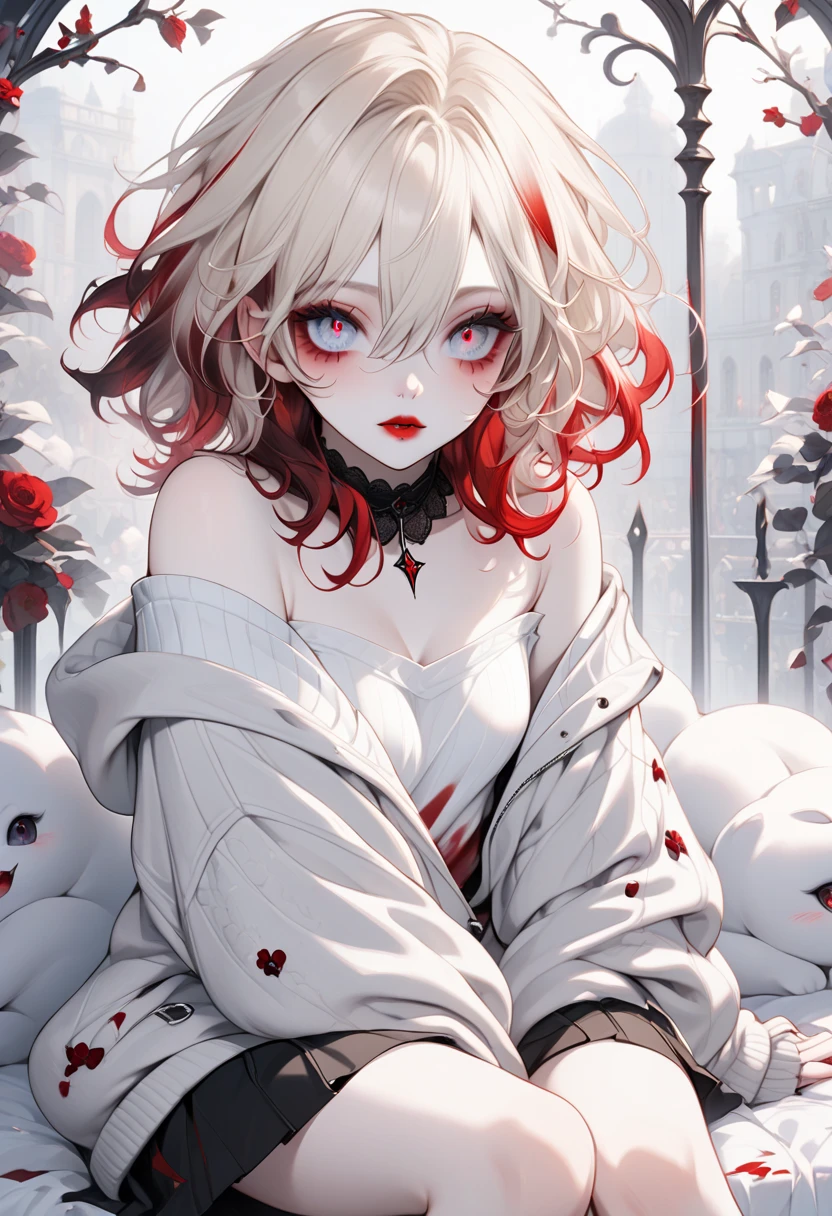 vampire femboy, appears 18. (5'6") delicately built with pronounced curves. Shoulder-length white-blonde hair with blood-red tips. Silver eyes with hints of red that shine like moonlight. Pale, soft skin that's slightly warmer than his brother's. Sweet, almost innocent features with large eyes and small, kissable lips. Prefers modern Gothic fashion mixed with kawaii elements, wearing oversized sweaters that slip off his shoulders and short skirts.