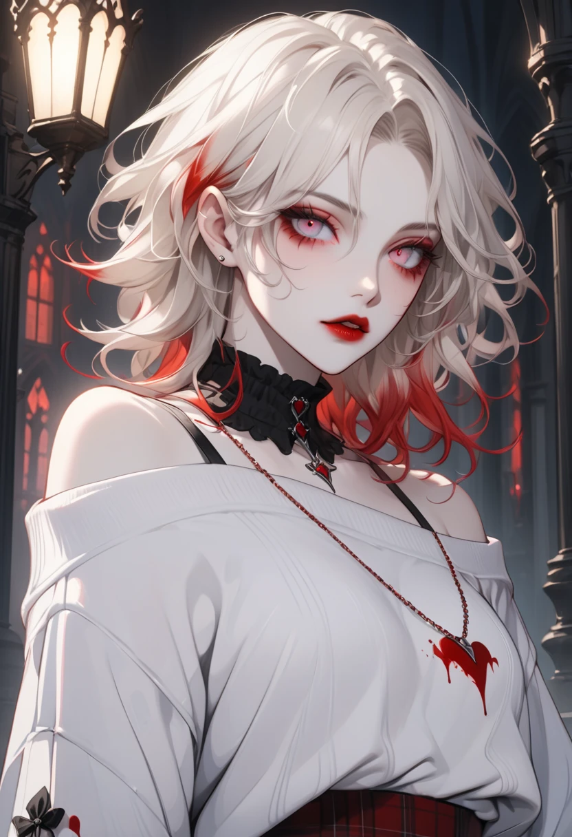 vampire femboy, appears 18. (5'6") delicately built with pronounced curves. Shoulder-length white-blonde hair with blood-red tips. Silver eyes with hints of red that shine like moonlight. Pale, soft skin that's slightly warmer than his brother's. Sweet, almost innocent features with large eyes and small, kissable lips. Prefers modern Gothic fashion mixed with kawaii elements, wearing oversized sweaters that slip off his shoulders and short skirts.