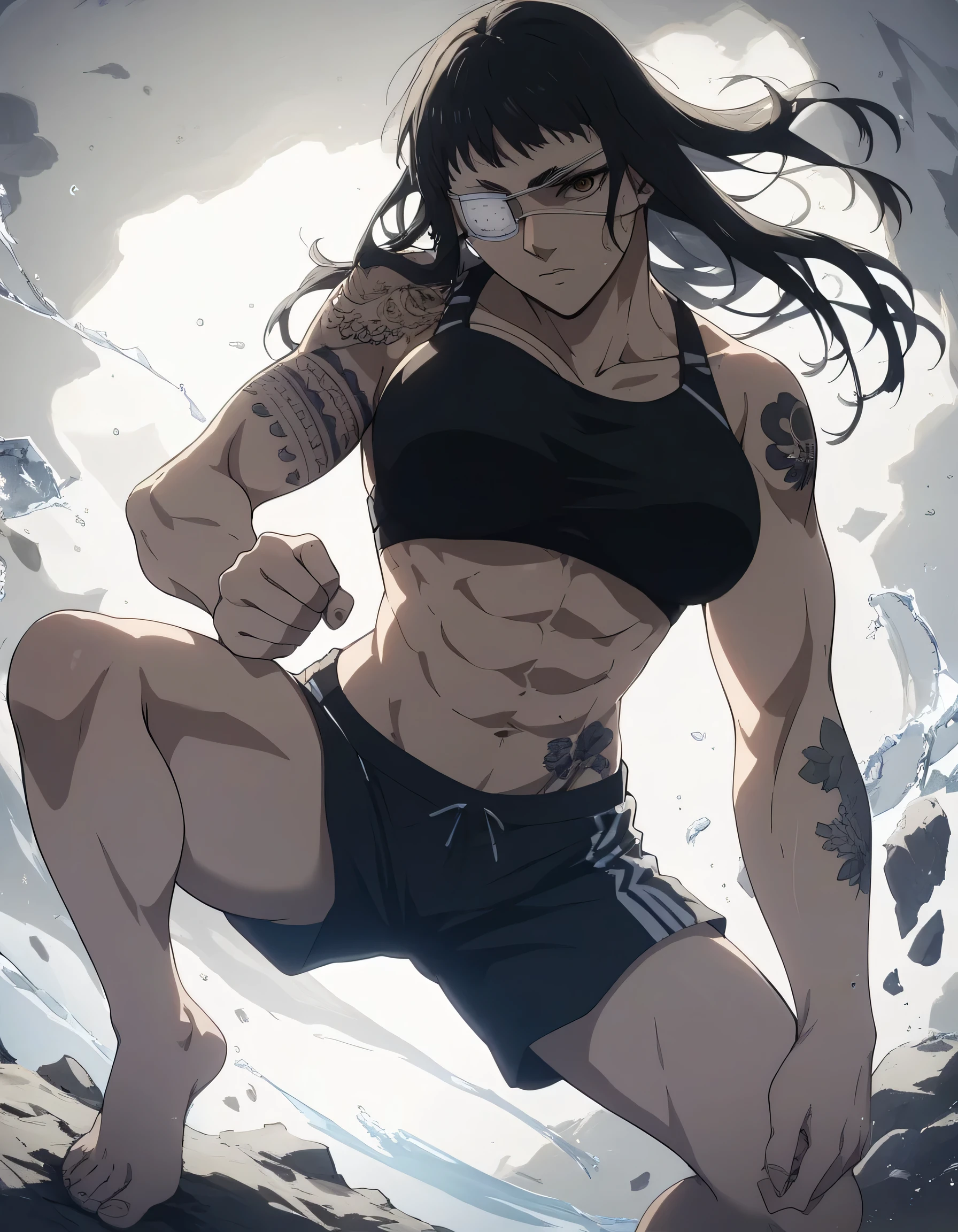 score_9, score_8_up, score_7_up,score_6_up,high resolution,source_anime,s0fiavalm3t,1girl,eyepatch,black hair,long hair,,water,rocks,volumetric lighting,rim lighting,dof,dramatic shadow,full body,dynamic pose,looking at viewer,pov,suspended in air, tattoos on shoulder,wearing sport bra,black sport shorts,Barefoot,training hard,,sporting attraction,fighting bear,gian brown bear,