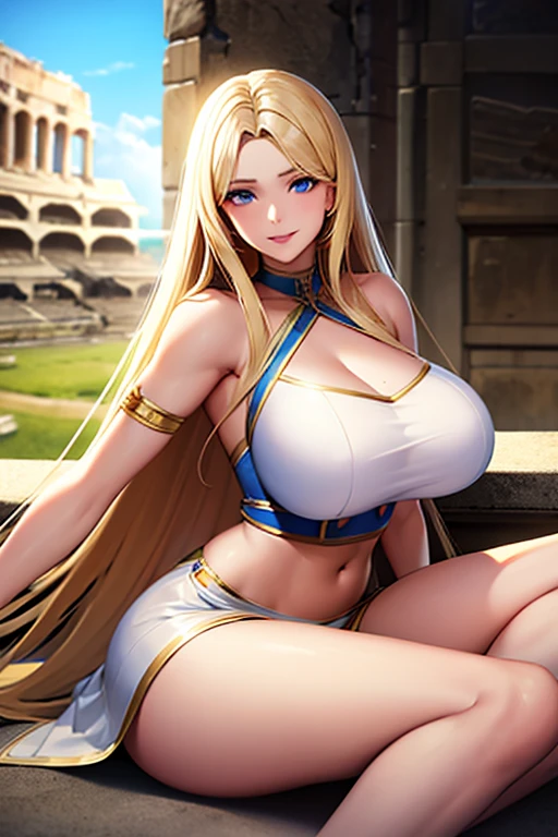 Detailed, high quality, Girl, blond and long and straight hair, blue eyes, big breasts, white crop top, thight skirt, sitting in ancient greek theatre, hot and sexy girl, smile