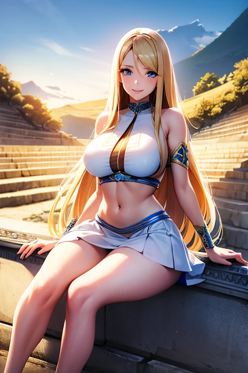 Detailed, high quality, Girl, blond and long and straight hair, blue eyes, big breasts, white crop top, thight skirt, sitting in ancient greek theatre, hot and sexy girl, smile