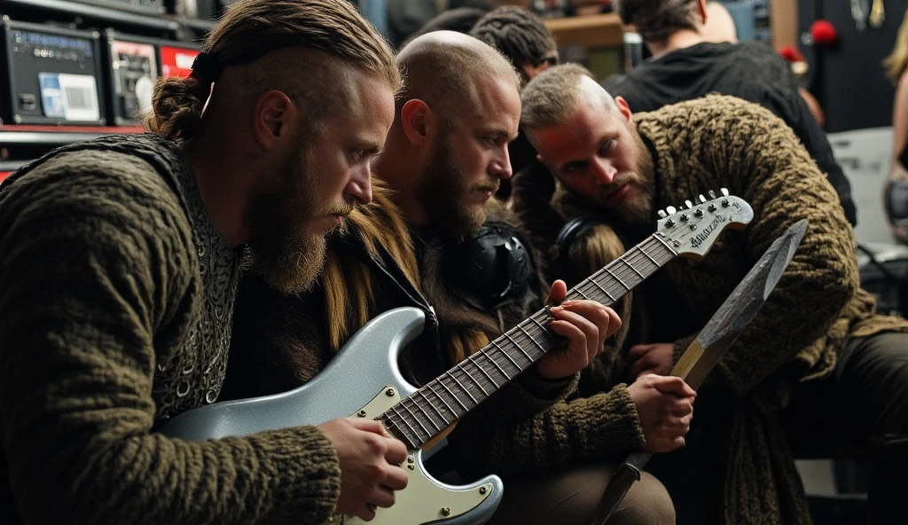 ((masterpiece)) ((photography)) ((Highest quality)) A group of  Viking in a music store, touching a shiny electric guitar and looking at headphones with a perplexed expression. He’s amazed by the instruments but has no idea how they produce sound without the magic of the ancient drums or horns he’s used to. He tries to strum the guitar but looks at it like it’s an enchanted object, waiting for the sound to emerge.