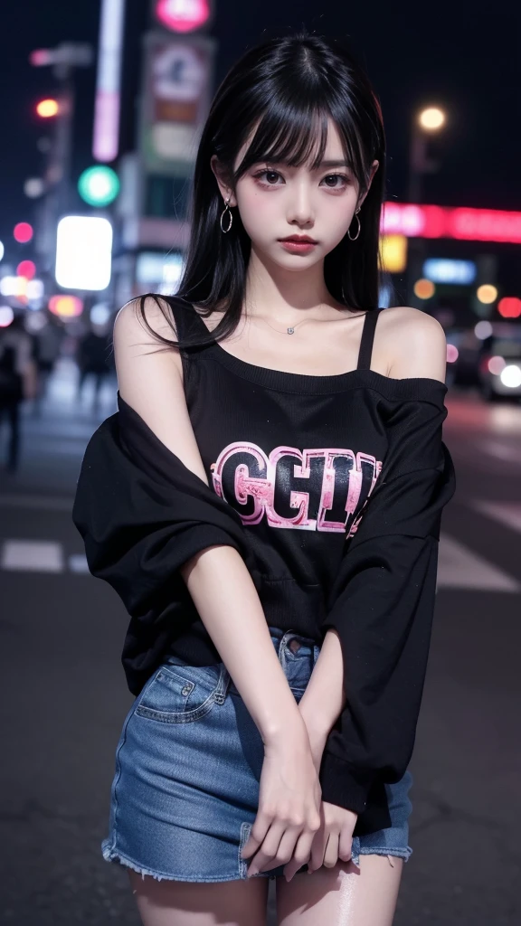 muste piece, best quality, illustration, Super detailed, fine details, High resolution, 8K,wall paper, perfect dynamic composition,(Details High quality, realistic depiction of eyes:1.3), Off-shoulder t-shirt and denim mini shorts, twintail, black hair color, Big Natural Color Lip, bold sexy pose, (perfect body shape), crying a little、cold gaze, Harajuku style、20 year old girl、cute type、lolita、beautiful legs, nightclub, hposing Gravure Idol, Voluptuous thighs, at midnight, after sex