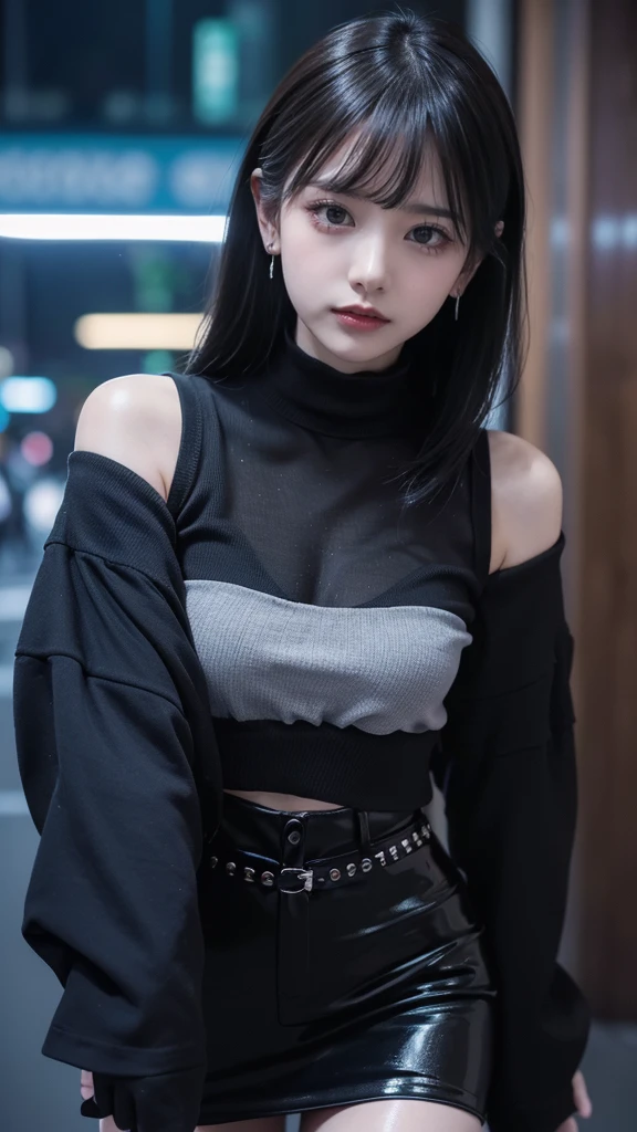 Anime girl with all black hair with black bun, black shirt and black skirt, He also has a crown of spikes 