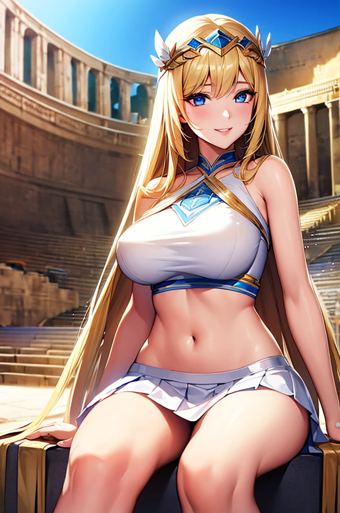 Detailed, high quality, Girl, blond and long and straight hair, blue eyes, big breasts, white crop top, thight skirt, sitting in ancient greek theatre, hot and sexy girl, smile