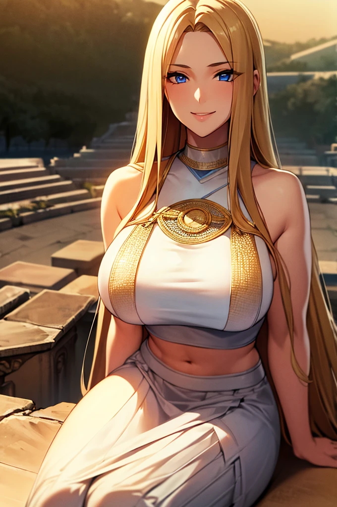 Detailed, high quality, Girl, blond and long and straight hair, blue eyes, big breasts, white crop top, thight skirt, sitting in ancient greek theatre, hot and sexy girl, smile