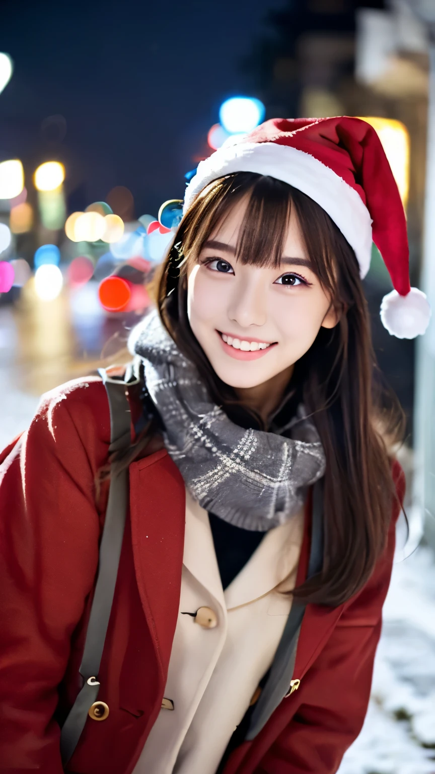 (Wore a winter uniform and scarf coat、 Close-up portrait of a girl with long hair and dull bangs:1.5)、(one person*** wearing a winter uniform and scarf coat spreads her arms and has a shy smile :1.5)、Age 25、( Christmas decorations on a street corner on a snowy winter night :1.5)、(perfect anatomy:1.3)、( completely up to your fingertips :1.3)、Photographically、photo shoot、masterpiece、top-quality、 high definition , Delicate and beautiful、 perfect face、 Beautiful detailed eyes 、 white skin、 Real Human Skin、pores、((Thin legs))、( dark haired)、 Realism, 8k full body portrait, Beautiful Women, attractive expression, 20 years old, Tokyo Eight Cities , Winters, Shibuya Background, Fantasia de Cena de Inverno , Senior Artist , Santa Claus's Workshop , , , A Snowy Winter Christmas Eve ,, City Hut , beautiful artist rendering, !!beautiful!!, The bangs don't hang over the forehead、(
slicked back hair:1.3), 目を細めて笑う