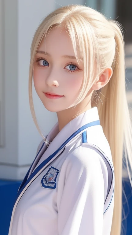  platinum blonde hair is super long, straight, stringy hair、Polate、 school uniform 、Bright expression、 ponytail、 young, white and shiny skin 、Great looks、 shiny bright hair 、Shiny, beautiful bangs、 double eyelids in judo uniforms、 eyeliner 、 clear, big blue eyes ，It shines with enchanting light 、 small face、 very nice cute cute 18 year old Eastern European girl 、 big bust