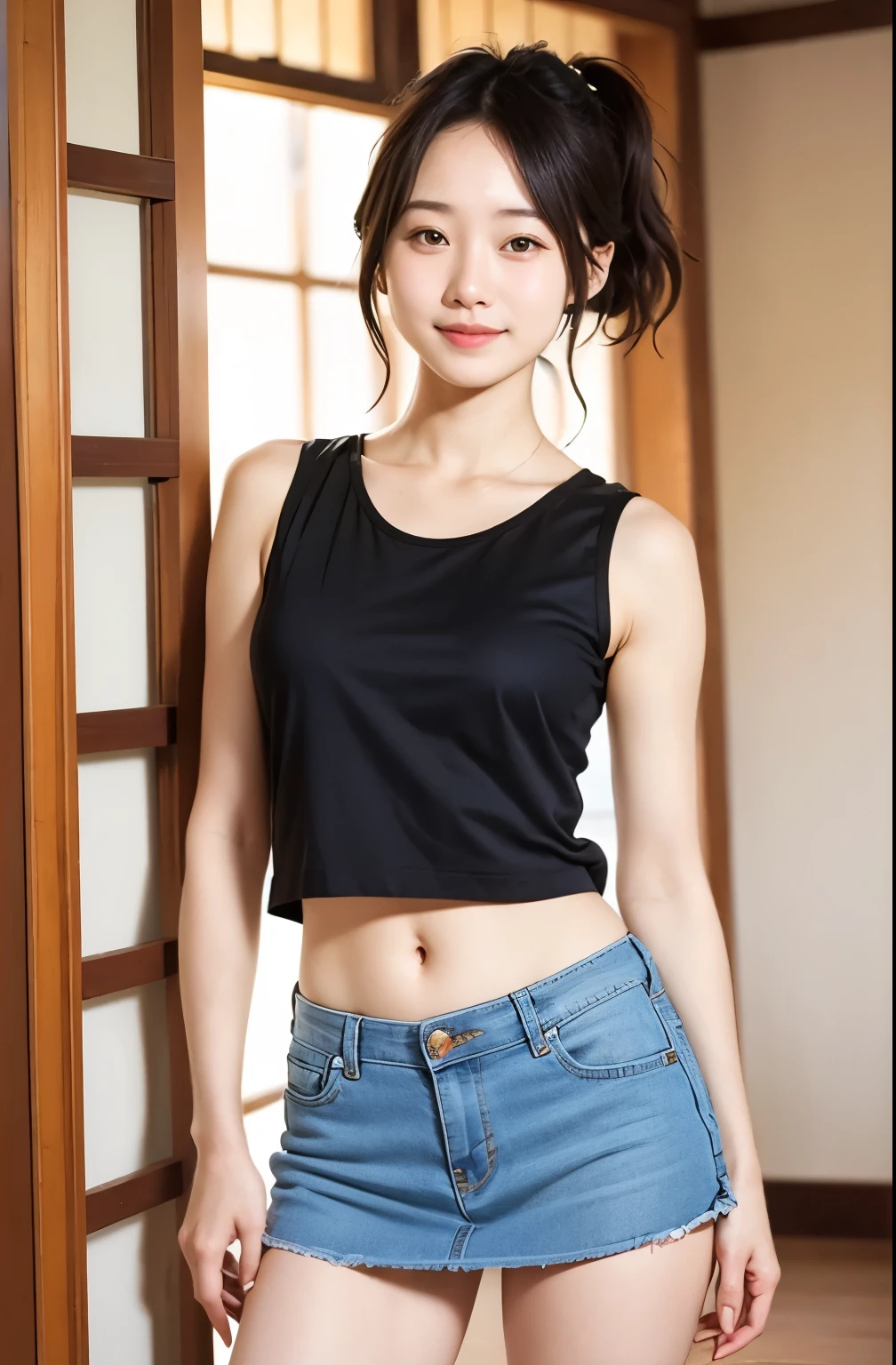 masterpiece,Highest quality,(A very beautiful 12 year old girl),An innocent smile,,Very beautiful,(Low Rise Skinny Pants),Very slim legs,Ultra-high resolution，RAW Photos,(Primary school students),He is short,Gentle light,Natural skin texture, Nice details at the end　Baby Face,pink crop top shirt,Shaking breasts,boost mood,Low Rise Skinny Pants,Trembling in the chest