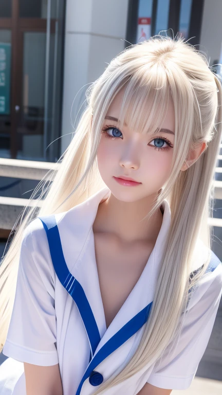  platinum blonde hair is super long, straight, stringy hair、Polate、 school uniform 、Bright expression、 ponytail、 young, white and shiny skin 、Great looks、 shiny bright hair 、Shiny, beautiful bangs、 double eyelids in judo uniforms、 eyeliner 、 clear, big blue eyes ，It shines with enchanting light 、 small face、 very nice cute cute 18 year old Eastern European girl 、 big bust