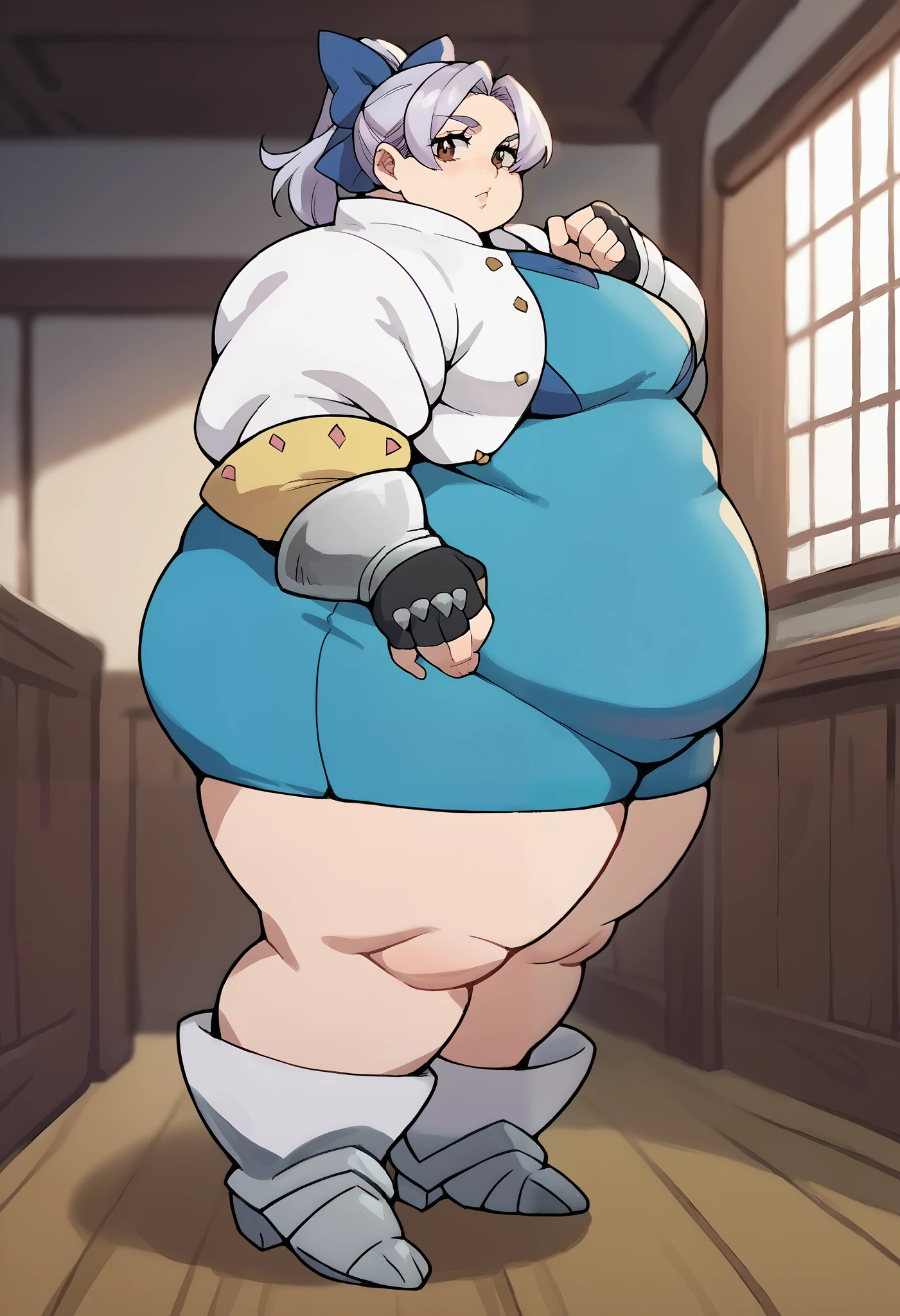 score_9, score_8_up, score_7_up, source_anime, masterpiece, jericho7, 1girl, lavender hair, hair bow, brown eyes, cropped jacket, blue dress, gauntlets, fingerless gloves, looking at viewer, indoors, fat, chubby, obese, full body shot 