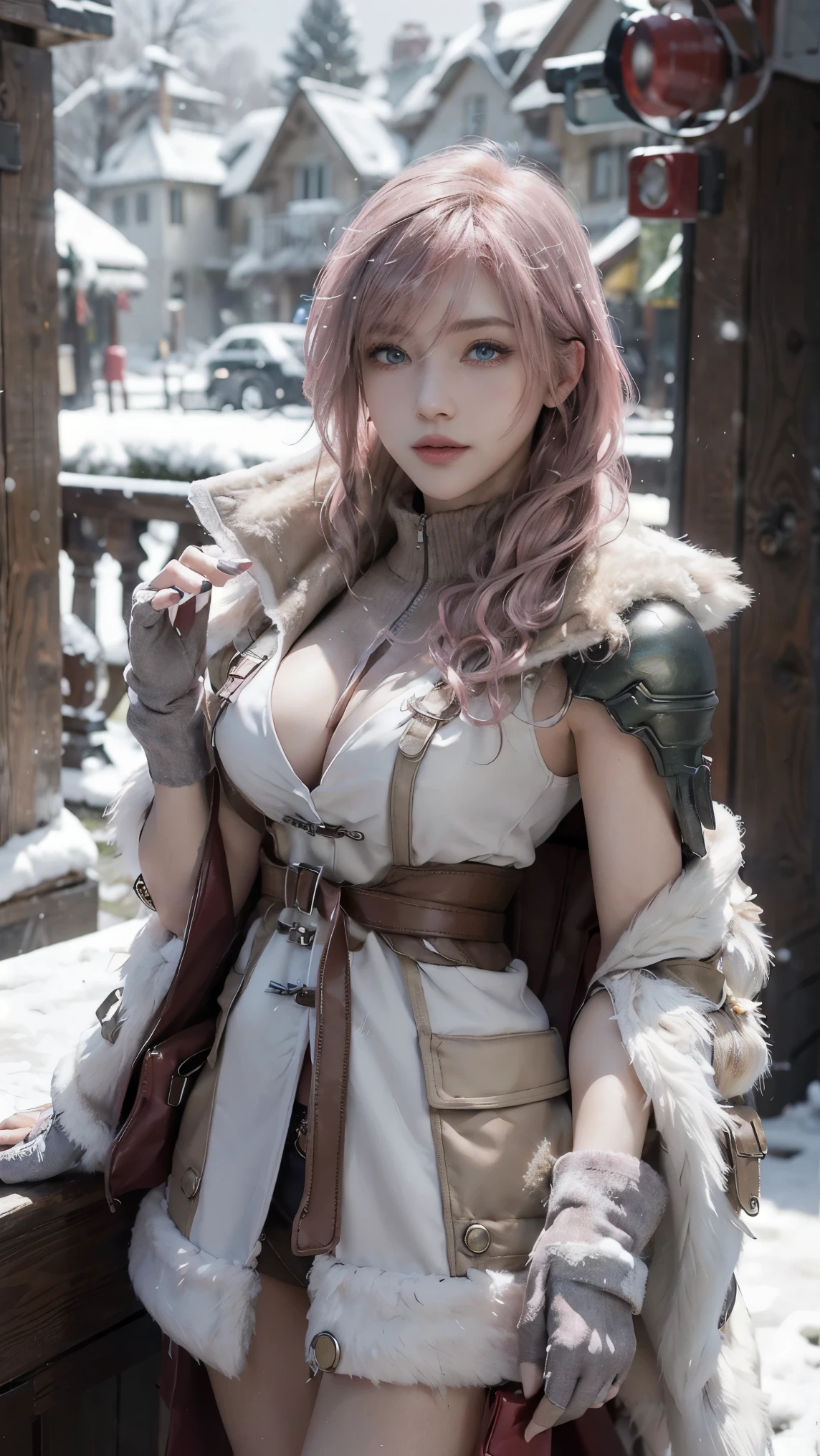 The best piece,Artistically beautiful,Lightning,Final Fantasy 13,FF1 pink blonde,Medium Hair,Light permed hair,Curly hair on one side,Letting down your bangs,A beautiful Blue eyes,beautiful and high nose,Red Santa Claus costume,Santa Claus hat,christmas armor,christmas sword,red santa claus coat,Use blizzard magic,An ultra-high picture quality,hightquality,​masterpiece,Digital SLR,Detailed details,Intricate details,Based on anatomical grounds,Depicted in detail,Detailed face,realistic skin textures,Vivid details,perfect anatomia,perfect anatomia,Anatomically correct hand,Anatomically correct fingers,Super Detail,Complex 3D Rendering,Colossal tits,sexy  pose,bright red claws,beautiful christmas,final fantasy cityscape,Fantasy worldview,Gorgeous Christmas Tree,white Christmas,neon color,Beautiful cityscape,mysterious snow scene,It's snowing,,Picturesque beauty,Photograph the whole body,9 head body,Red Lip,Beautiful curly hair,Luxurious necklace,emphasize the beautiful whole body,Beautiful nails,A smile,