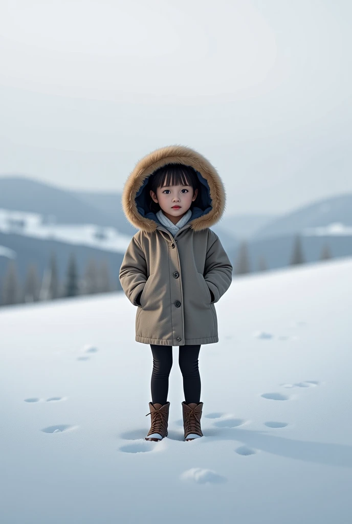 girl standing in a winter coat against the view