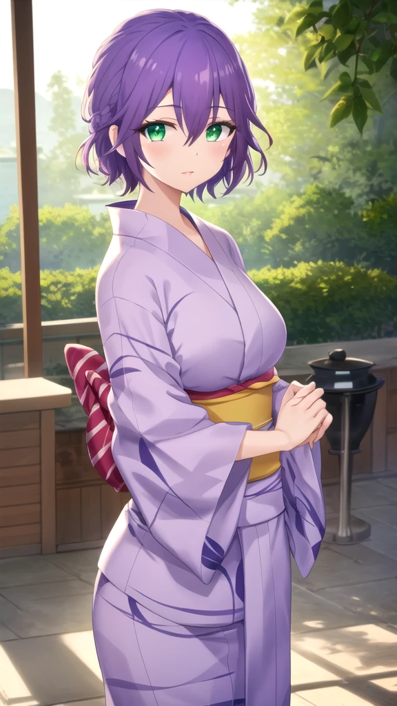 masterpiece, best quality, high quality, girl, solo, looking at viewer, hiro_segawa, purple hair, green eyes, hair between eyes, yukata