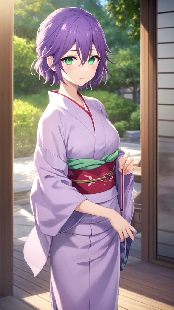 masterpiece, best quality, high quality, girl, solo, looking at viewer, hiro_segawa, purple hair, green eyes, hair between eyes, yukata