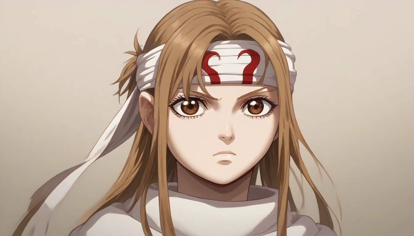 (((((((expressionless))))))) brown eyes very accurate clothing sharp gaze score_9, score_8_up, score_7_up, ((cowl)) (((headband on forehead))) detailed clothing beautiful girl kyoukai anime style ((asuna yuuki))