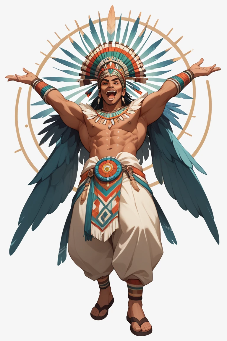 High quality photograph, bottom view of indigenous Mayan king, full body, with his arms raised and speaking, mouth open. With a headdress of quetzal feathers on his head. White background.