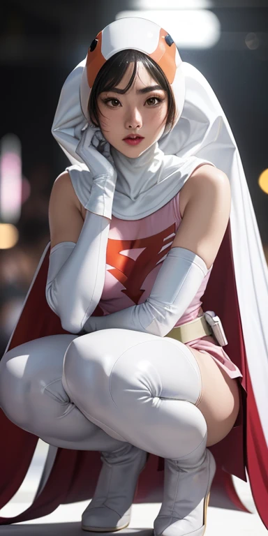 ((masterpiece)), ((highest quality)), ((High resolution)), ((Very detailed CG unity 8k wallpaper)), Beautifully detailed, Very detailed, 16k, Exquisite, Absurd, Beautiful background, Beautiful Eyes, Beautiful Skin, Beautiful Face, Outdoor, Day, Face Focus, View Viewer, alone, Concentrated, Dutch Angle Break, Hi3JTS, Jun The Swan, 1Girl, Glossy lips, Green Eyes, Big eyes, (We say:1.2), Lip mites, compensate, eyelash, eye shadow, A kind smile, attractive, (See-through orange visor:1,5), Helmet, Cape, Elbow hand pockets, Knee socks, belt, White gloves, zettai ryouiki, mask, skirt, White legwear, Superhero, leotard, Spacesuit, Pink Dress, white Cape, pink leotard, pink skirt, Short dress, White long gloves, White long boots, Gloss, Breaking the dynamism, Sweat, Sweatdrop, Browsing Caution, (action poses:1.2), Perfect hands, Perfect legs, Perfect Anatomy,
