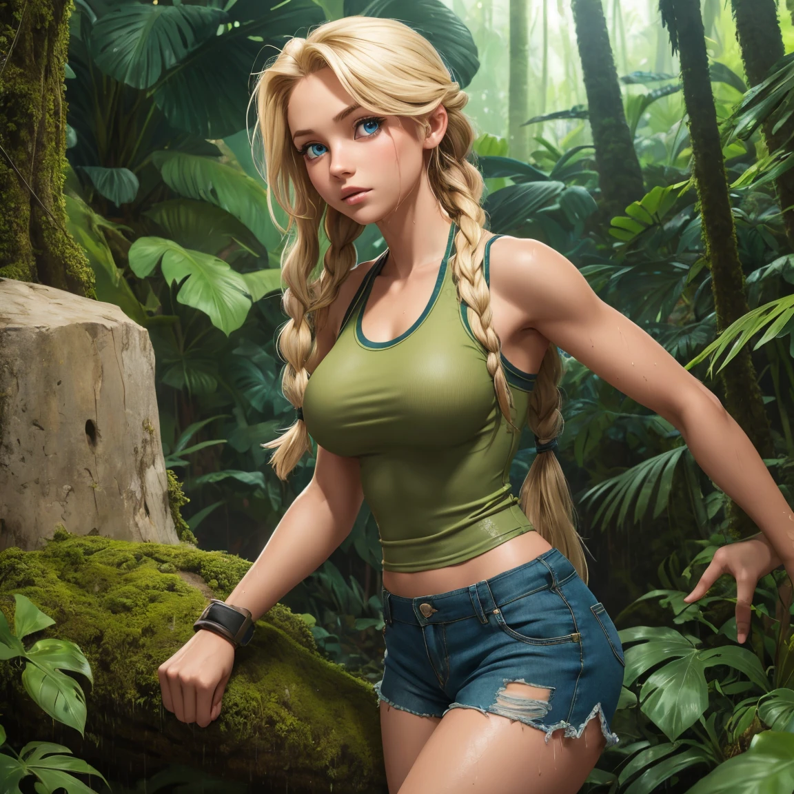 Attractive female explorer, in the jungle, moss, trees, shorts, tank top, torn clothes, wet, blue eyes, High Details, Emphasis Lines, long hair, blonde hair, braids, huge breasts