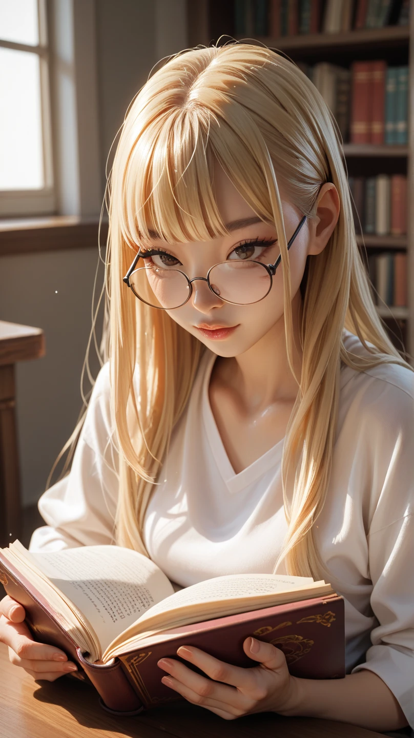 An Asian blonde with long hair and bangs reading an eyeglass book