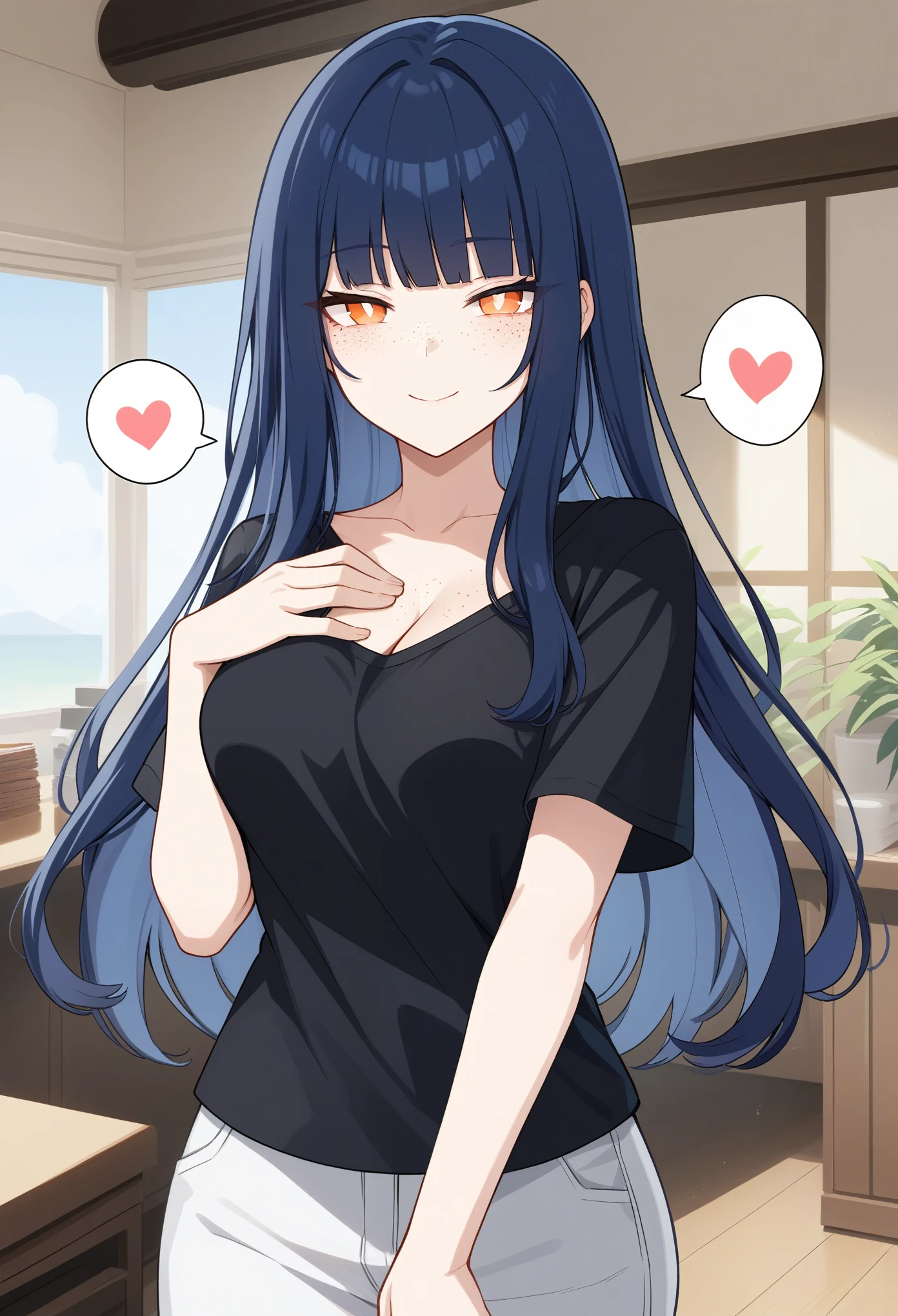 1girl, (dark blue hair), long hair, straight hair, bangs, orange eyes, half-closed eyes, white pupils, (freckles), light smile, light blush, spoken heart, medium breasts, casual clothes, score_9, hand on own chest, looking at viewer, indoors,