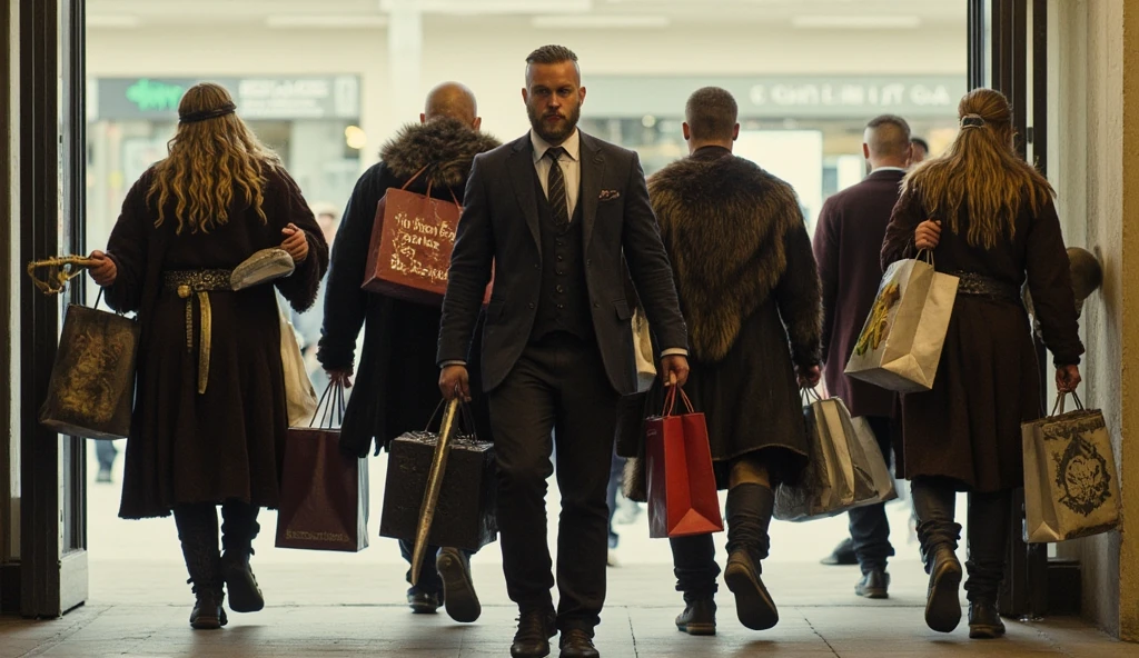 ((masterpiece)) ((photography)) ((Highest quality)) A group of Vikings, both men and women, walking out of a shopping mall with bags of shopping in all colors, each carrying items they’ve picked up during their visit. One Viking man, wearing a sharp suit with a tie, looks out of place as he confidently holds his shopping bags. In his other hand, he carries a sword and shield, adding to the amusing contrast. The other Vikings, in their fur-lined attire, carry an assortment of bags, some full of modern clothing, others filled with gadgets or accessories, creating a chaotic yet funny image of Vikings embracing the consumer culture of the modern world.