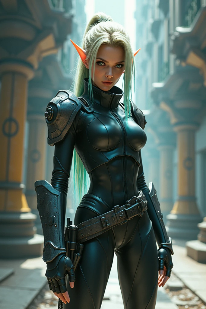 (masterpiece, photorealistic:1.4, extremely intricate:1.3), (photon mapping, radiosity, physically based rendering, ultra resolution, hyper-realistic, photorealistic:1.4, hyper-realistic, 8K), ((((humid Elven teenage 20year, [waif:girl:0.4], (wide eyes, long lashes, [medium breasts:large breasts:0.3], black chrome breastplate armor:0.6)), long wavy parted ([bright blonde hair:green hair:0.3], [natural:freckles:0.8])), necklace), blue eyes), agony, BREAK, (((It's a futuristic humid dark room, she is a ((torso mounted on robot dreadnaught legs)), mechanical arms, mechanical torso, wires, tubes, mechanical hair, wiring, cybernetic red crystal chrome)))
