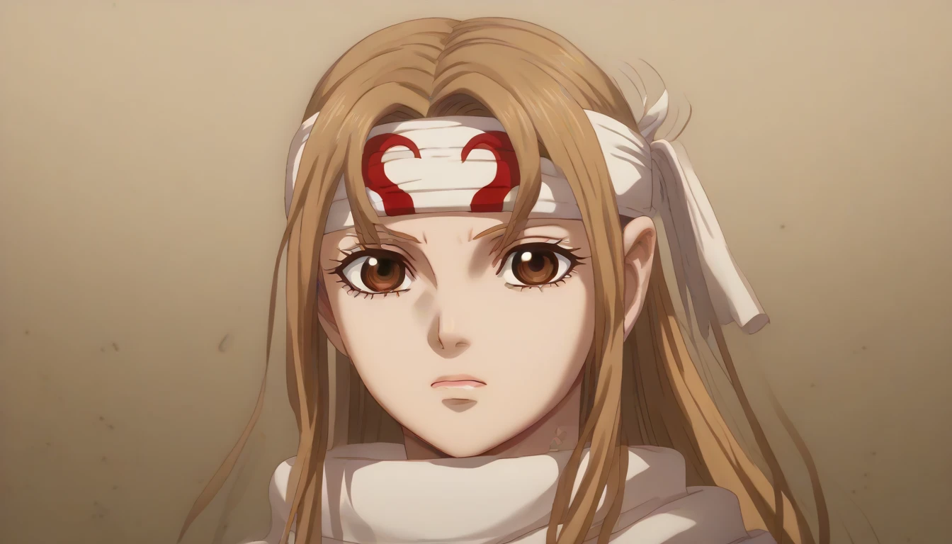 (((empty eyes)))  brown eyes very accurate clothing sharp gaze score_9, score_8_up, score_7_up, ((cowl)) (((headband on forehead))) detailed clothing beautiful girl kyoukai anime style ((asuna yuuki))