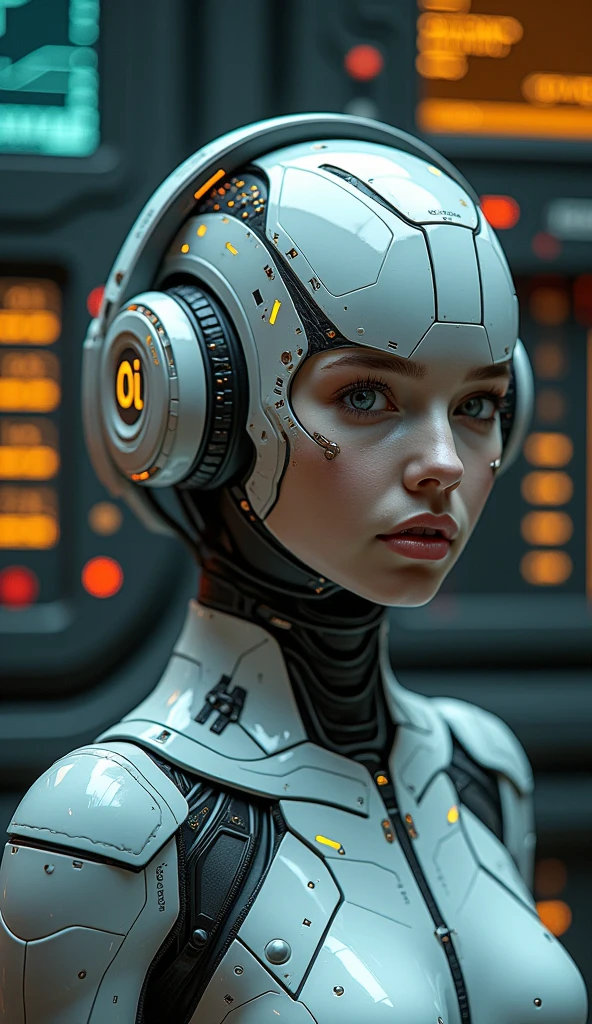 a close up of a woman wearing headphones and a futuristic suit, cyborg - girl, cyborg girl, beutiful girl cyborg, portrait beautiful sci - fi girl, cute cyborg girl, beutiful white girl cyborg, beautiful cyborg girl, young lady cyborg, portrait futuristic solider girl, beautiful cyberpunk girl face, cyberpunk beautiful girl, a biopunk cyborg, robot girl