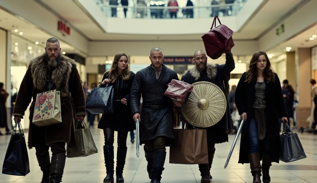 ((masterpiece)) ((photography)) ((Highest quality)) A group of Vikings, both men and women, walking out of a shopping mall with bags of shopping in all colors, each carrying items they’ve picked up during their visit. One Viking man, wearing a sharp suit with a tie, looks out of place as he confidently holds his shopping bags. In his other hand, he carries a sword and shield, adding to the amusing contrast. The other Vikings, in their fur-lined attire, carry an assortment of bags, some full of modern clothing, others filled with gadgets or accessories, creating a chaotic yet funny image of Vikings embracing the consumer culture of the modern world.