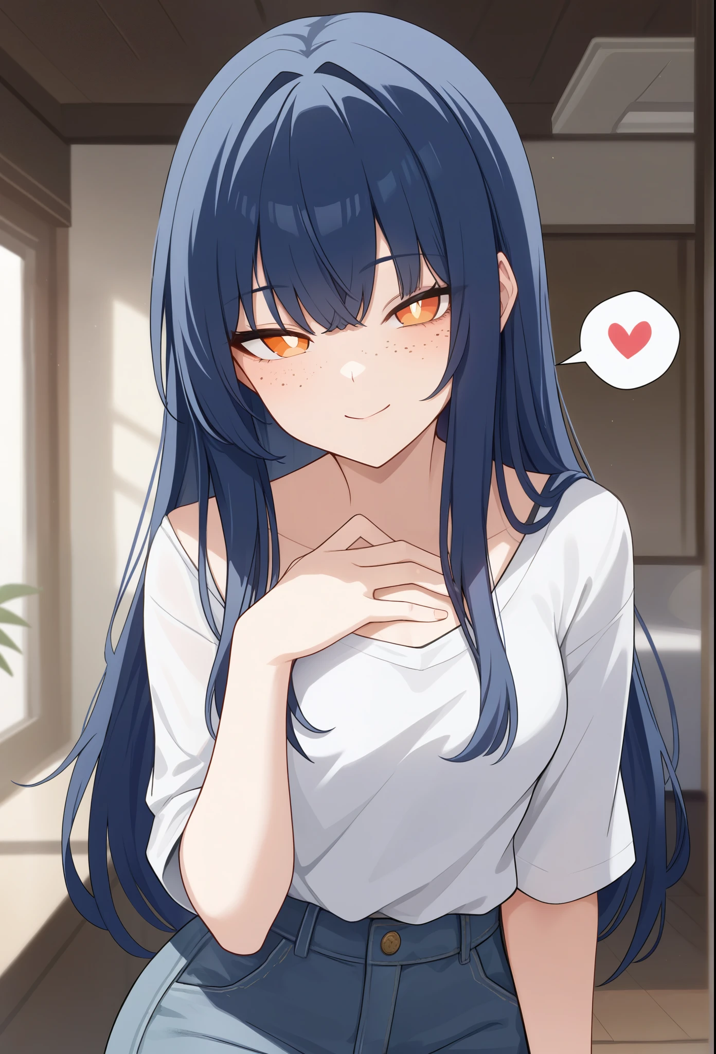 1girl, (dark blue hair), long hair, straight hair, bangs, orange eyes, half-closed eyes, white pupils, (freckles), light smile, light blush, spoken heart, small breasts, casual clothes, score_9, hand on own chest, looking at viewer, indoors,