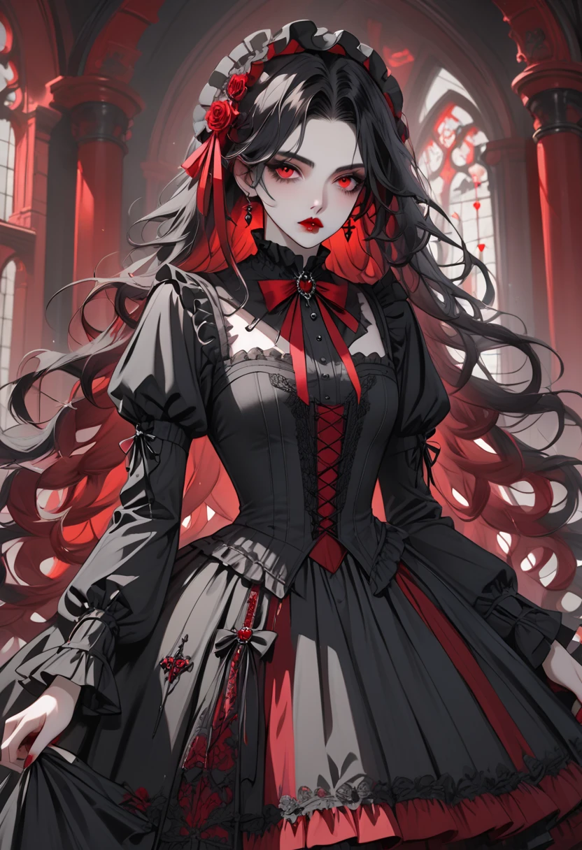 vampire femboy, appears 19. Tall (5'10") and gracefully slender with subtle curves. Long, raven-black hair often styled in elaborate braids with blood-red ribbons. Crimson eyes that seem to glow in dim light. Pale, flawless skin that's cool to the touch. Delicate features with high cheekbones and full, pouty lips. Favors Gothic Lolita fashion in blacks and reds