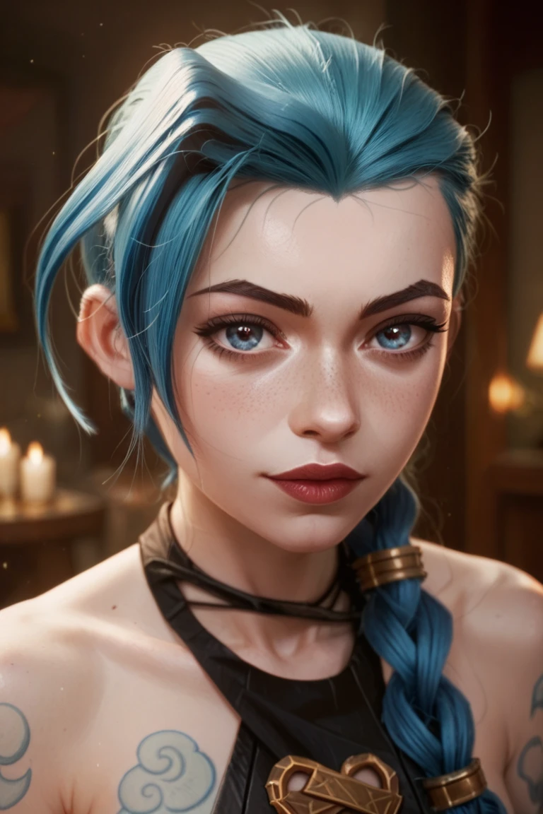 Crea una imagen de jinx de league of legends, en lencería 