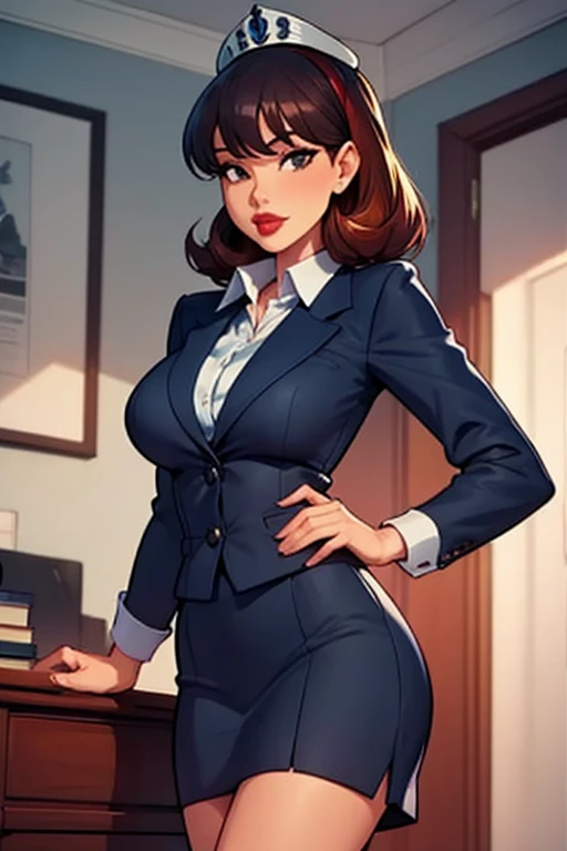 sharona, wearing a navy blue office suit, camisa blanca, navy blue skirt,Red lips,diadema,medias negras,  HIGH QUALITY, 