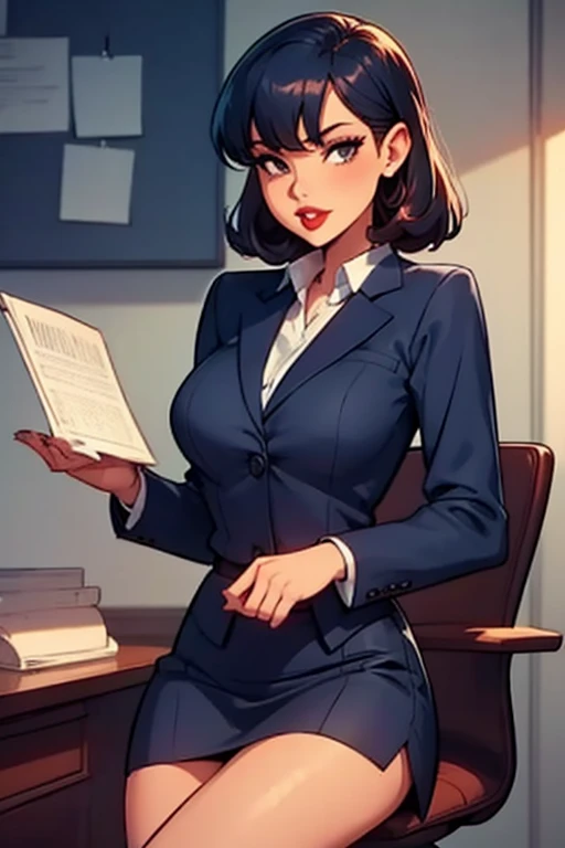 sharona, wearing a navy blue office suit, camisa blanca, navy blue skirt,Red lips,diadema,medias negras,  HIGH QUALITY, 