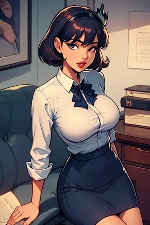 sharona, wearing a navy blue office suit, camisa blanca, navy blue skirt,Red lips,diadema,medias negras,  HIGH QUALITY, 