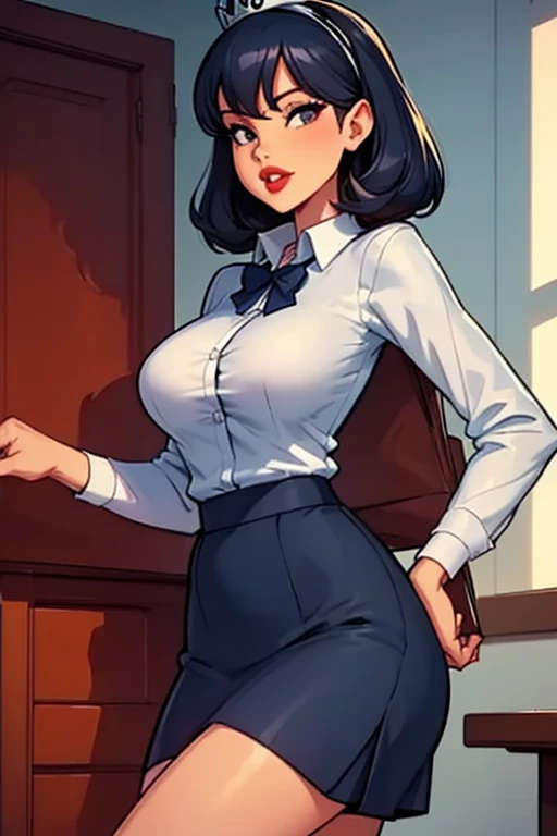 sharona, wearing a navy blue office suit, camisa blanca, navy blue skirt,Red lips,diadema,medias negras,  HIGH QUALITY, 