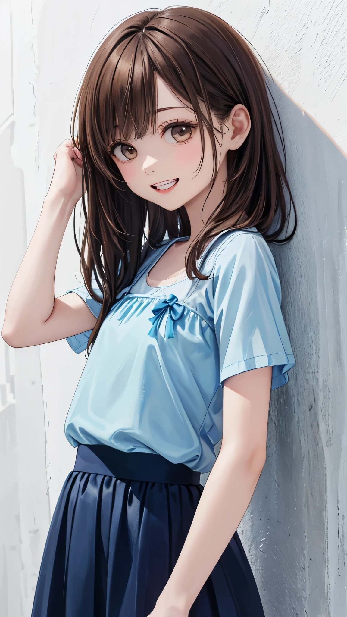 ( best quality 、8k、32K、masterpiece)、( realistic )、( Frame In、 photorealistic :1.2)、(There is no light or shadow )、super detailed、 very cute face and eyes 、Frame In、 1 girl、 round small face、 thin waist、Delicate body、(close、 best quality 、 high detail、 rich skin details )、( best quality 、8k、Oil paints:1.2)、super detailed、( realistic 、 realistic :1.37)、 bright color、((( brown hair )))、(((薄 brown hair )))、(( I'm tying the tips of my hair )))、((( bust shot )))、((( long hair on background )))、((( white wall background )))、((( 薄 brown hair )))、(((Short sleeve clothes)))、((( straight hair )))、((( with a happy expression )))、((( I'm wearing a short-sleeved shirt )))、(((I'm wearing a light blue shirt)))、(( holding hands together))、((( clothes with small ribbons drawn on them )))、(((Frame In)))、(((Light blue clothes)))、((woman))、(((Teeth are visible)))、(((bangs)))、((( Light blue chiffon skirt )))、(((Frame In)))、(((Solo Shot)))、(((I can see the side)))